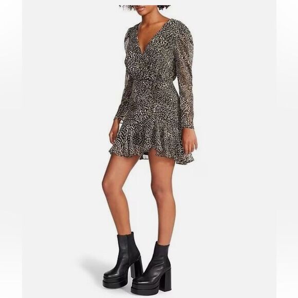 NWT Steve Madden Nyla Animal Print Surplice V-Neck L/S Tiered Ruffle Hem Dress - Picture 1 of 7